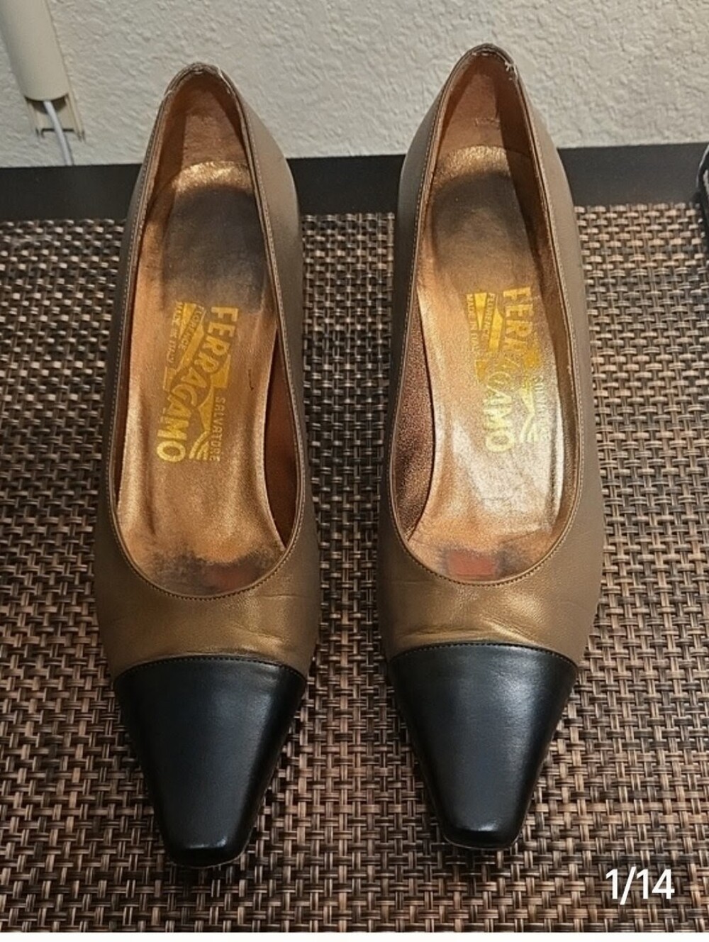 Salvatore Ferragamo Two-Tone Olive and Black Leather Pumps